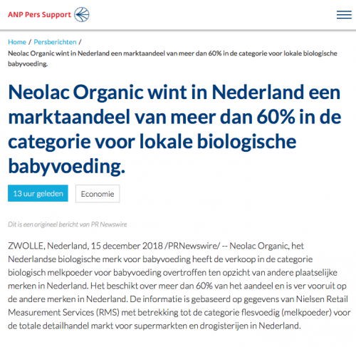 Neolac悠蓝在荷兰本土有机奶粉品牌市场份额超60%