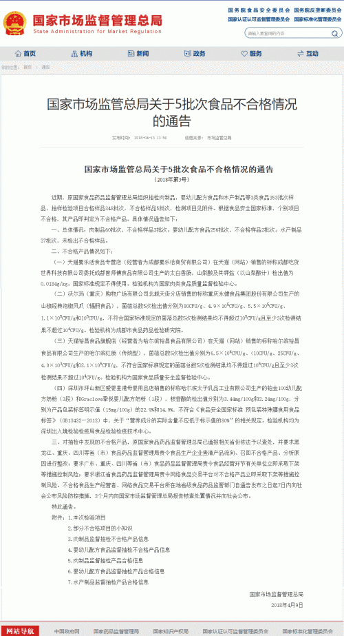 国家市场监督管理总局披露：哈尔滨太子乳品生产2批次婴幼儿配方奶粉不合格