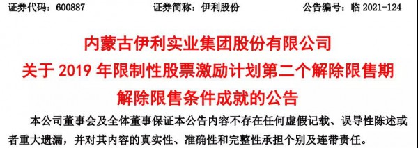 伊利股份：2019年限制性股票激励计划第二个解除限售期解除限售条件成就