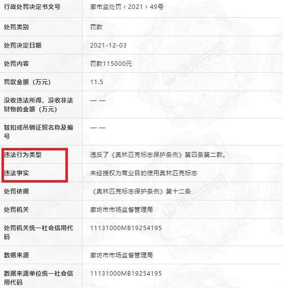 好丽友违法使用奥林匹克标志被廊坊市市场监督管理局罚款11.5万