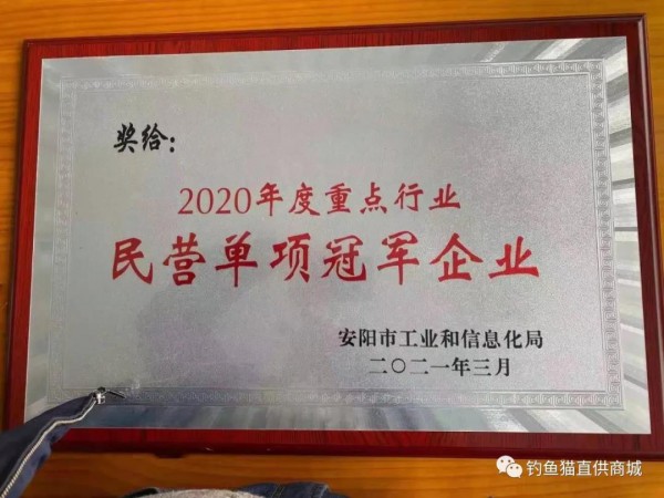 恭贺：钓鱼猫品牌荣膺2020年度重点行业“民营单项冠军企业”奖