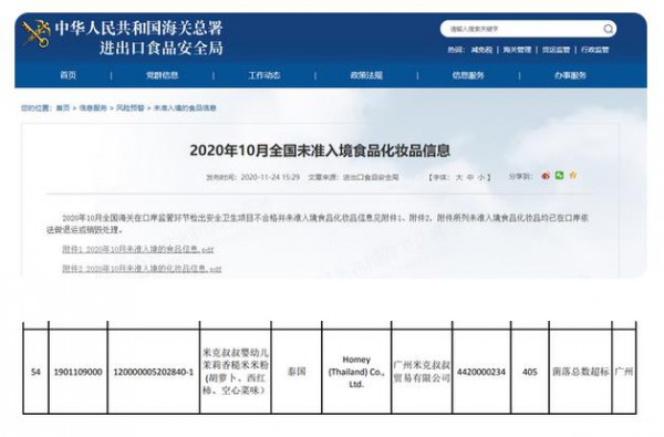 广州市场监管局：米克叔叔婴幼儿米粉质量不合格，罚没款超60万元