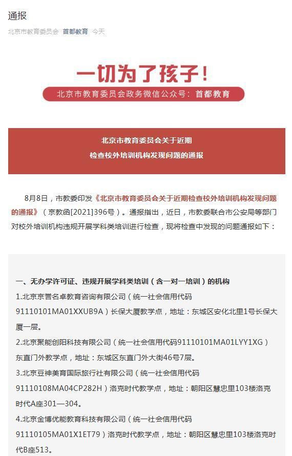 重磅！北京6家教育培训机构 涉无证办学、违规培训被通报，你还敢撞枪口吗