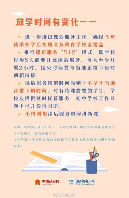 周知 | 秋季开学将有这些新变化   放学时间有变推行课后服务 校外培训更规范