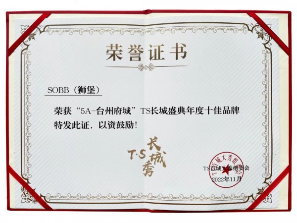 【喜报】SOBB（狮堡）荣获“TS长城盛典年度十佳品牌”！
