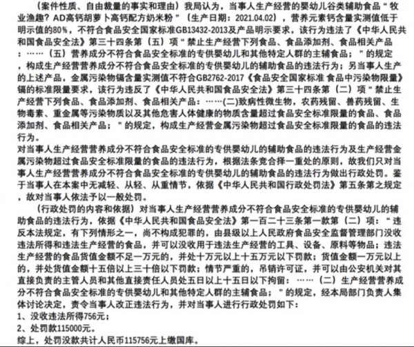 江西斯普瑞营养品公司牧野渔趣牌奶米粉中钙、镉含量不合格 被罚款11.5万元