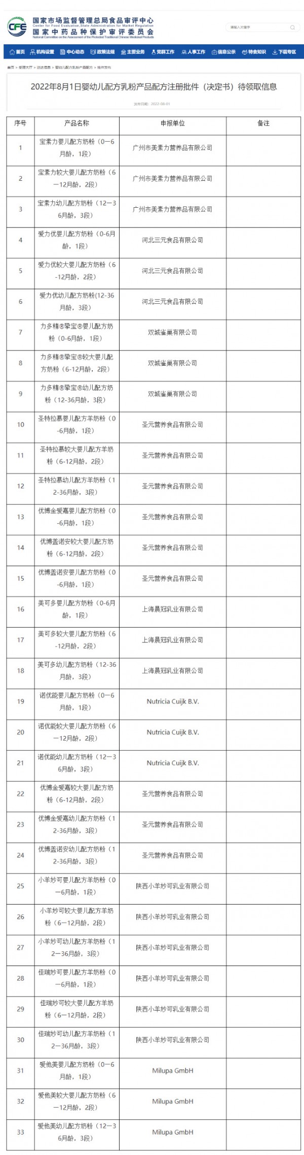 小羊妙可、圣特拉慕、优博金爱嘉、盖诺安等33款婴配粉配方注册批件（决定书）待领取！
