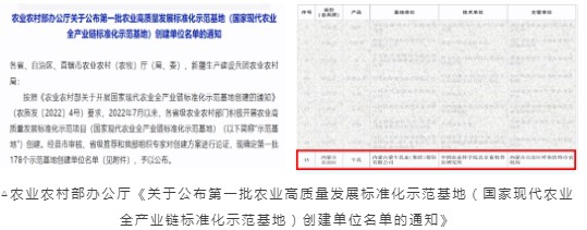 再传喜报！蒙牛入选国家首批农业高质量发展标准化示范基地创建单位