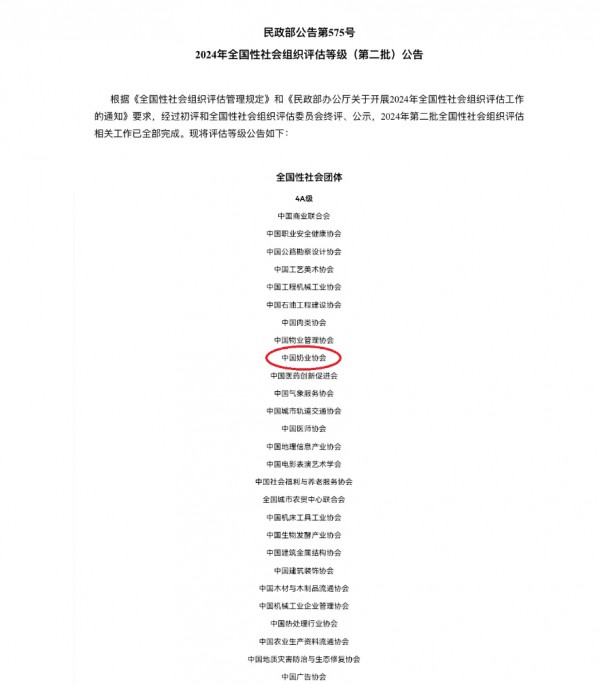 民政部公告：中国奶业协会获评4A级全国性社会团体