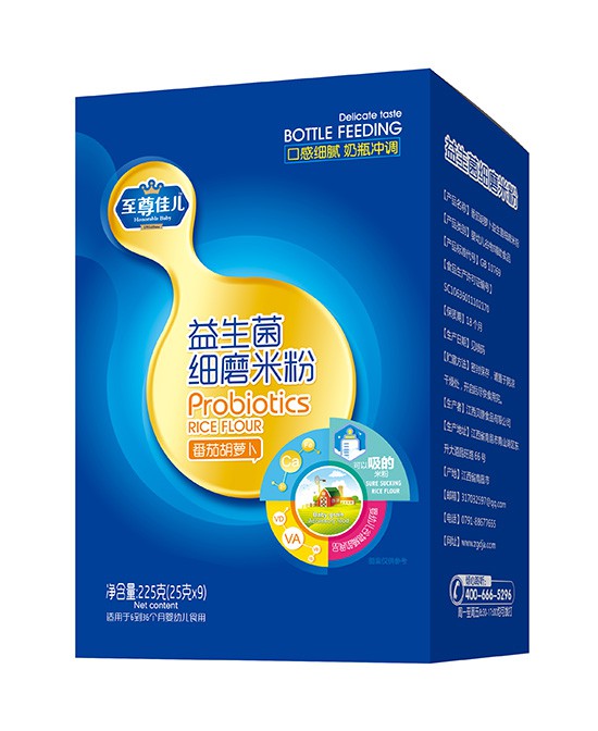 至尊佳儿番茄胡萝卜益生菌细磨米粉，更适合宝宝生长发育所需！