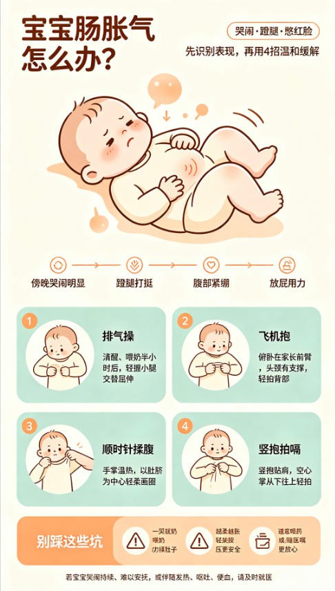 宝宝频繁哭闹、蹬腿憋红脸？多半是肠胀气！4招快速缓解+避坑指南