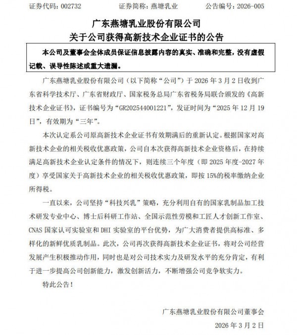燕塘乳业再次通过高新技术企业认定，享3年 15% 企业所得税优惠