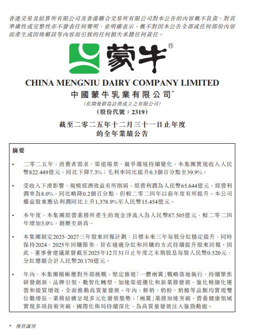 蒙牛乳业2025年营收822.4亿元，奶酪板块增长超20%