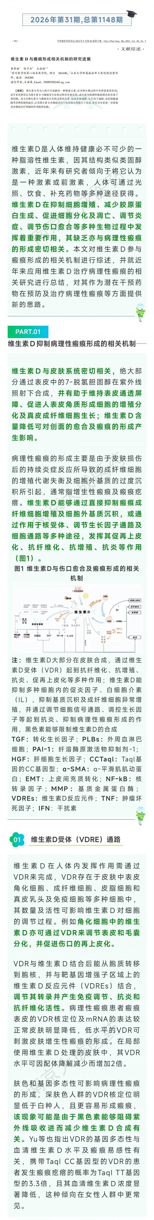 缺乏维生素D与病理性瘢痕形成密切相关，维生素D可通过其抗纤维化、抗增殖、抗炎、促再上皮化等多种作用，促进创面愈合并减少瘢痕形成