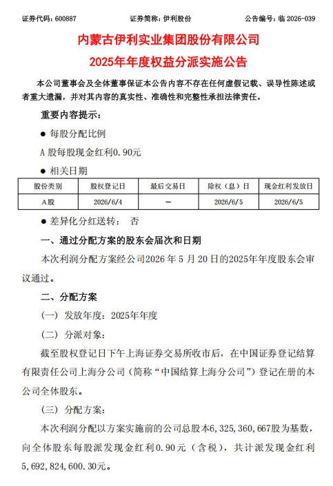 6月5日伊利股东将收到现金红利，每股派息0.9元