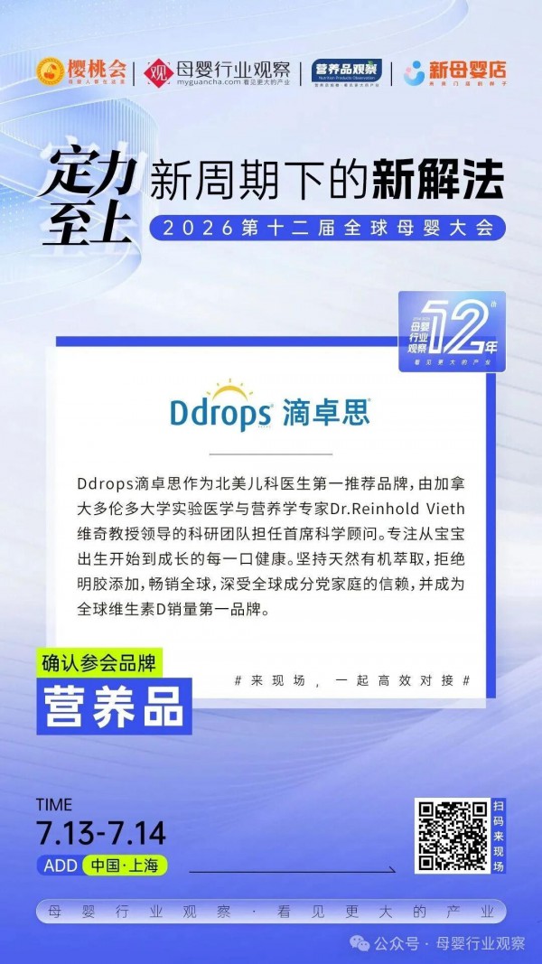 确认！加拿大国际营养品品牌「Ddrops滴卓思」与Ddrops滴卓思品牌首席科学家维奇教授将亮相2026第十二届全球母婴大会