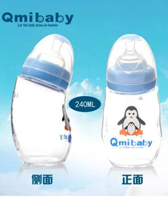 qmibaby晶钻玻璃弯头奶瓶防呛奶