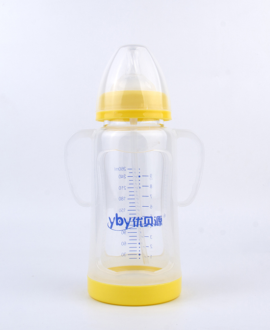 优贝源晶钻带保护套玻璃奶瓶260ml