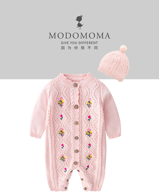 modomoma宝宝冬季加厚保暖针织绣花爬服